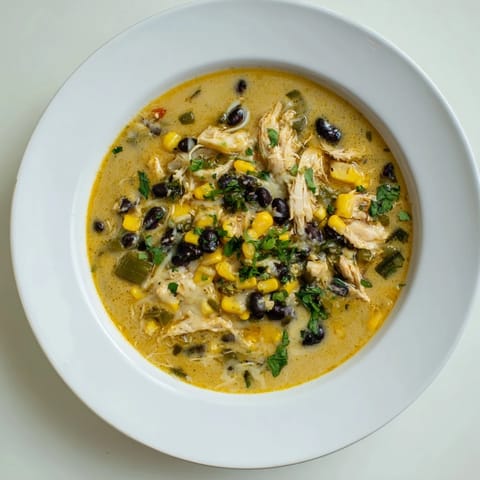 Creamy Chicken Poblano Soup: a close-up shows tender chicken, peppers, and beans in a rich broth.