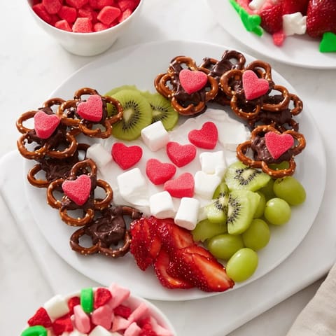 A vibrant Grinch's Heart Pretzel Board with pretzels, fruits and dips, great for a holiday snack.