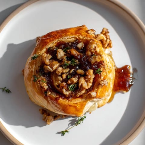 Golden-brown baked Brie with fig jam swirl, ready to be sliced and served with crackers.