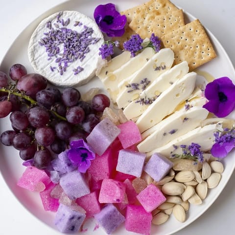 A beautiful Lavender Haze Dreamscape cheese board featuring vibrant grapes, perfect for entertaining guests.
