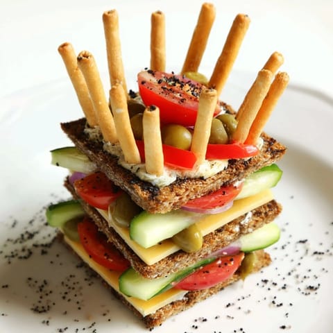 Enjoy these elegant Urban Skyscraper Appetizers, constructed with creamy cheese and fresh vegetable layers.