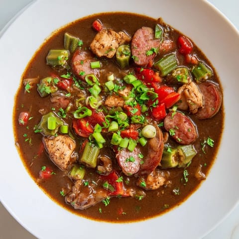 A close-up of flavorful Gumbo Okra Soup, garnished with green onions and fresh parsley.