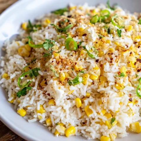 Close-up of vibrant Mexican Street Corn Rice, showing tender kernels, lime zest, and crumbled cheese.