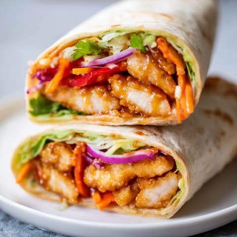 Close-up of a sliced Honey Sriracha Chicken Wrap, revealing juicy chicken and crunchy carrots with a drizzle of extra sauce.