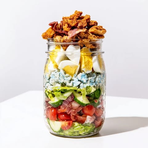 Brightly colored layers of romaine lettuce, cherry tomatoes, and diced cucumber in a Crispy Chicken Cobb Jar Salad, ready for a grab-and-go lunch.  