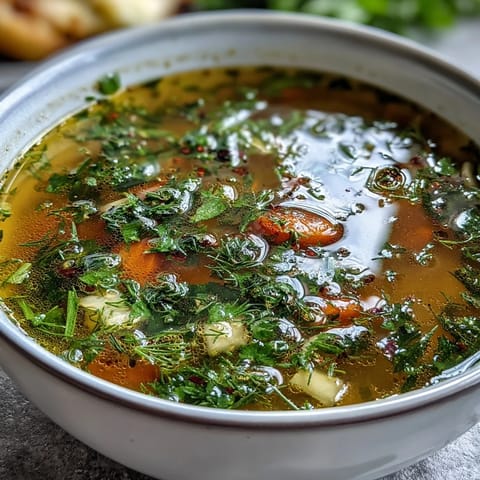 Bright yellow Lemon Herb Soup steaming in a rustic bowl, topped with fresh parsley, dill, and a lemon slice.