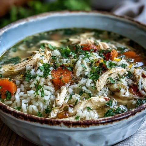 Steaming bowl of Cozy Winter Chicken and Rice Soup with tender shredded chicken, fluffy rice, and fresh parsley.