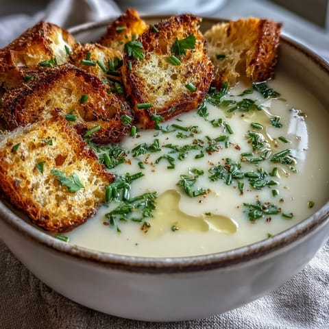 Steaming Garlic and Herb Soup served with toasted bread on a cozy table.