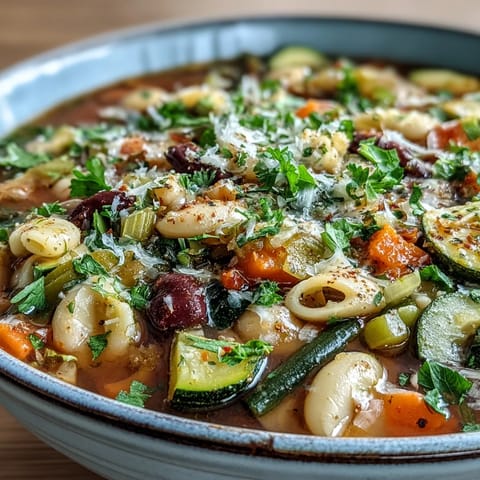 Steaming bowl of Vegetable Minestrone Variations, featuring tender pasta, creamy beans, and colorful seasonal vegetables in a rich tomato broth.