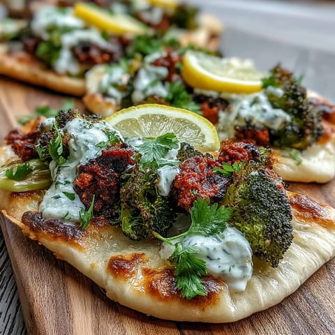 Roasted Harissa Broccoli and Flatbreads topped with creamy yogurt and fresh cilantro on a rustic table.