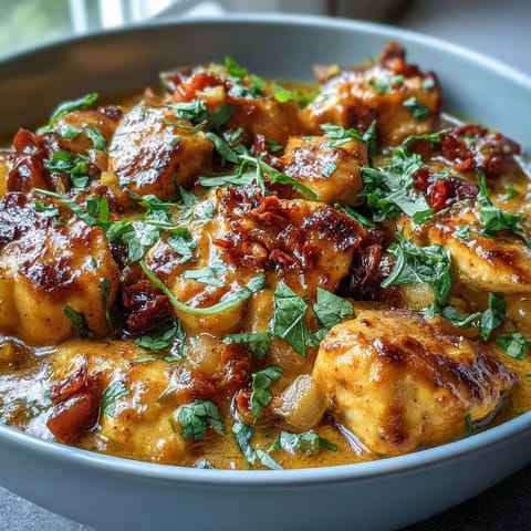 Steaming Easy Chicken Curry simmering in a skillet with fresh cilantro garnish.