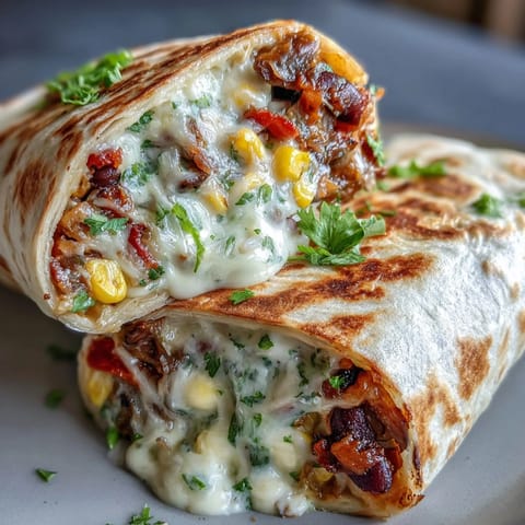 Perfectly rolled Veggie Burritos filled with sweet corn and peppers, ready to enjoy with a dollop of cool sour cream.