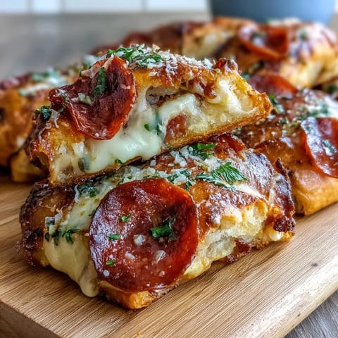 Sliced Irresistible High Protein Pepperoni Pizza Rolls reveal layers of savory ground beef, spicy pepperoni, and gooey cheese filling.