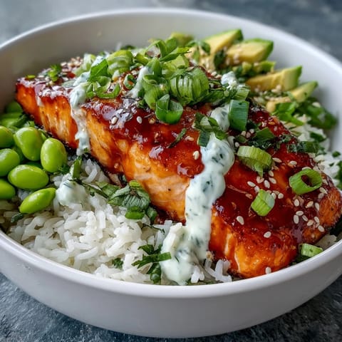 Hot Honey Sriracha Salmon Bowl garnished with sesame seeds, green onions, and a creamy drizzle of sriracha mayo.