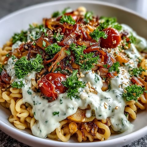 Hearty Chickpea Pasta Bowl topped with fresh parsley and toasted sesame seeds.