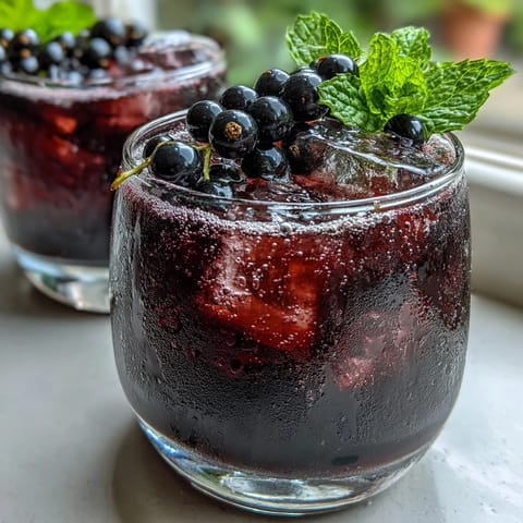 Creamy Black Currant It Berry Celebration Drink smoothie topped with banana slices and berries.