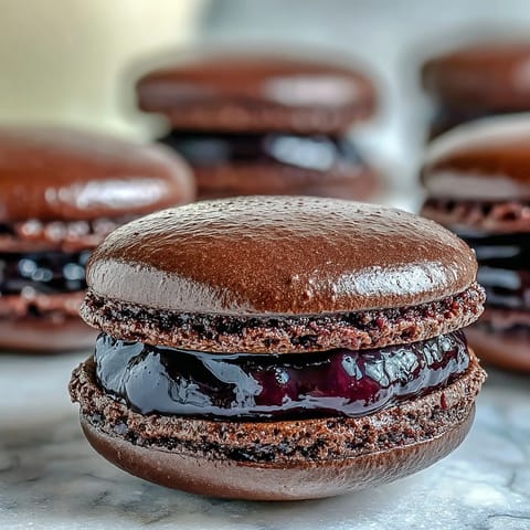 Freshly baked Black Currant Macarons showing cracked shells and chewy texture, paired with whole blackcurrants and a small pitcher of cream.