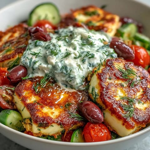 Crispy halloumi and colorful Mediterranean toppings create a vibrant Greek Halloumi Power Bowl for a satisfying lunch.