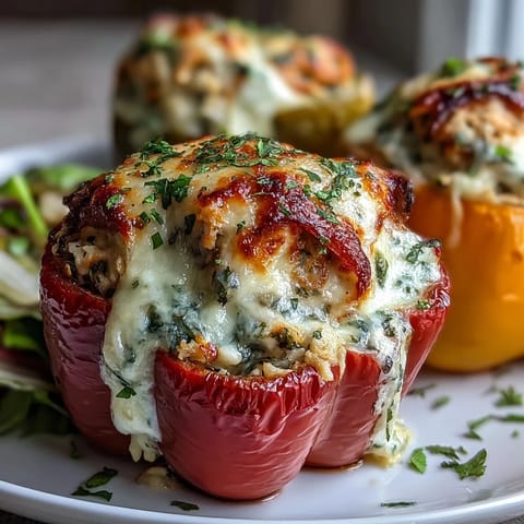 Fresh parsley garnishes Garlic Parmesan Chicken Stuffed Peppers, served hot from the oven with a golden, cheesy finish.