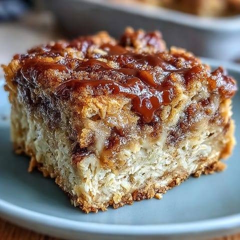 Warm High-Protein Cinnamon Swirl Coffee Cake Oats served in a skillet with Greek yogurt.