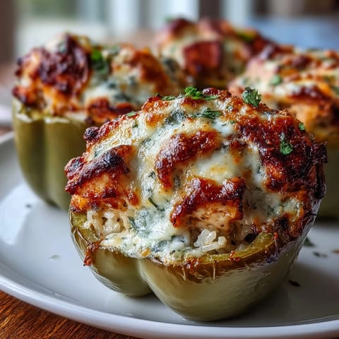Golden-brown bell peppers overflowing with creamy Garlic Parmesan Chicken Stuffed Peppers and melted mozzarella.