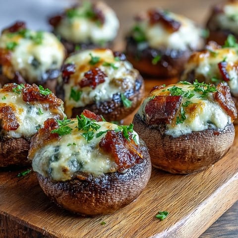 Freshly baked Keto Bacon and Cheese Stuffed Mushrooms with a bubbling, creamy cheddar and bacon filling in white mushroom caps.