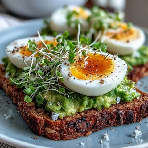 Golden runny yolk from a soft-boiled egg oozes over creamy avocado mash on crisp whole grain toast, topped with fresh microgreens on a rustic wooden board.