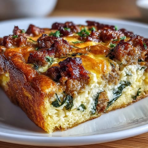 Keto Sausage, Egg, and Spinach Breakfast Bake with melted cheddar and savory sausage.  
