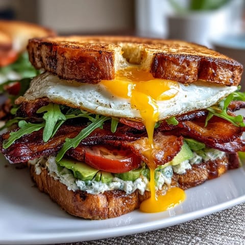 A hearty sourdough breakfast stack layered with avocado, bacon, fresh tomatoes, and a runny egg for a satisfying morning meal.