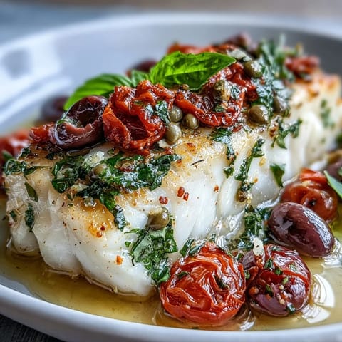 Healthy baked cod fillets topped with vibrant tomatoes, briny olives, garlic, and aromatic herbs in a Mediterranean-inspired dish.  