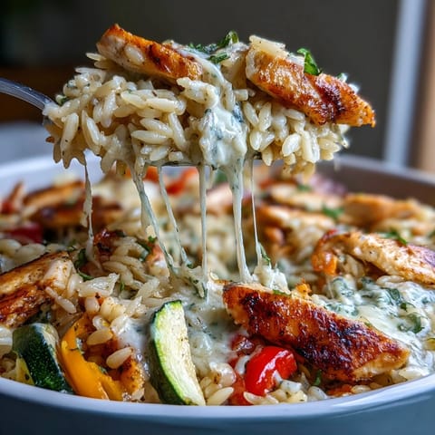 Mouthwatering Boursin Orzo Bake with chicken, vegetables, and creamy cheese, baked until golden and bubbling for a comforting dinner.