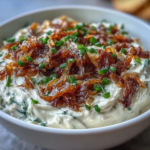 Creamy caramelized onion dip with sour cream and fresh chives, served with crisp vegetable crudités and crunchy chips.
