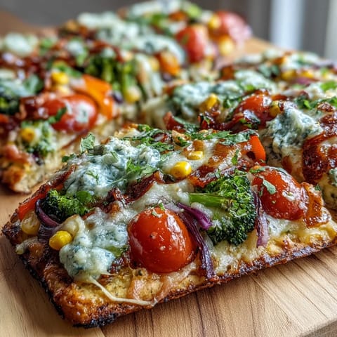 Festive St. Patricks Day Rainbow Veggie Flatbread Pizza with vibrant vegetables arranged in a colorful arc, baked until cheese is bubbly and golden.