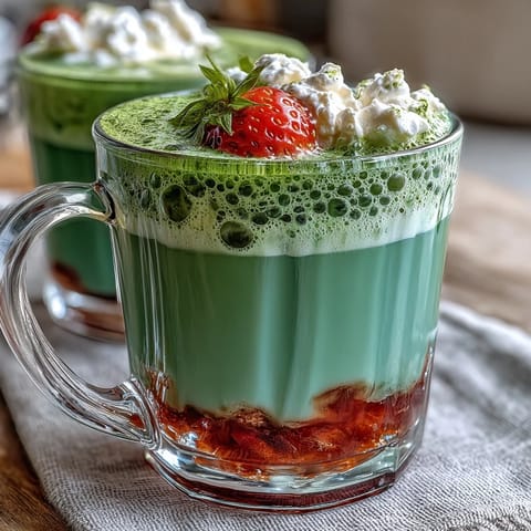 Strawberry Matcha Latte with Oat Milk Foam - A vibrant layered drink with fresh strawberry puree, earthy matcha, and creamy oat milk foam in two glasses.