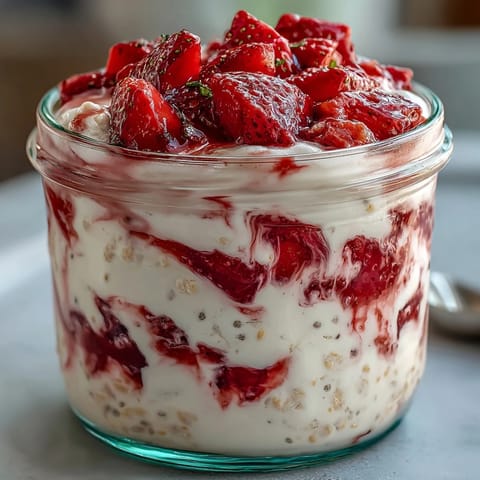 Strawberry vanilla protein overnight oats with chia seeds in a glass jar, topped with fresh strawberries and a sprinkle of chia for a vibrant, healthy breakfast.