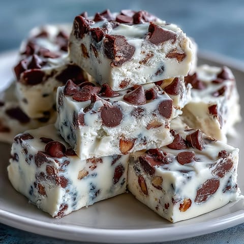 Creamy cottage cheese and Greek yogurt bark with almond flour and mini chocolate chips, a delicious no-bake treat.  