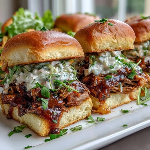 Mouthwatering slow-cooked pulled pork piled high on soft slider buns with crunchy coleslaw for texture and flavor.