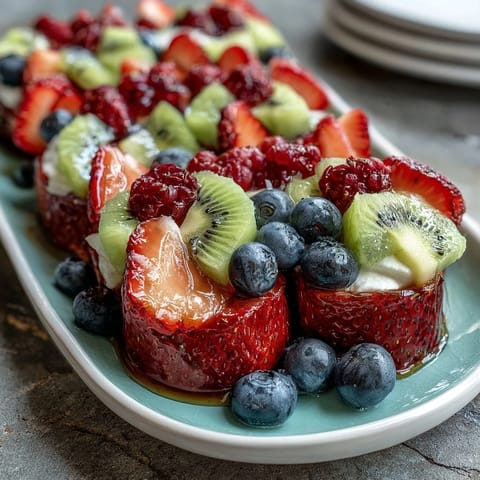 Vibrant Baby in Bloom Fruit Platter arranged in floral shapes, featuring strawberries, blueberries, and kiwi with creamy honey-yogurt dip.  