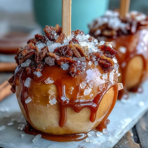1. Caramel dipped candy apples with sea salt, featuring glossy golden caramel coating crisp green apples and a delicate sprinkle of flaky sea salt for a sweet-salty treat.