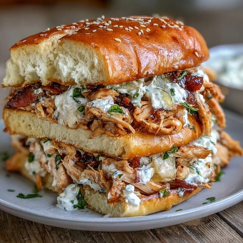 Mouthwatering shredded chicken with tangy pickles piled high on soft buns for a satisfying sandwich.  