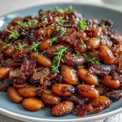 A hearty skillet of baked beans with crispy bacon and sweet brown sugar sauce, perfect for summer BBQs.