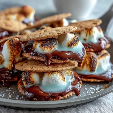 Gooey smores dip with melted chocolate and toasted marshmallows, served in a cast iron skillet with graham crackers for dipping.