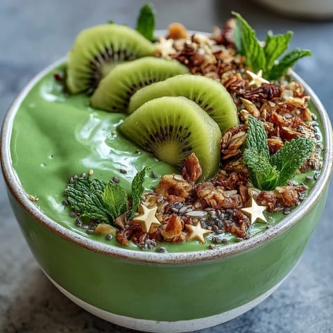 Vibrant green shamrock protein smoothie bowl with creamy spinach and avocado base, topped with kiwi shamrock, granola, chia seeds, and festive gold stars.