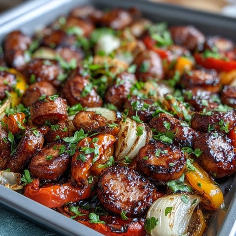 A colorful sheet pan of roasted Italian sausages with sweet bell peppers and caramelized onions, ready for a quick family dinner.