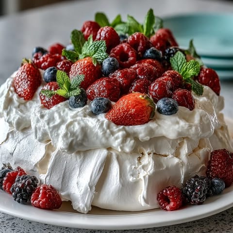 Pavlova with Fresh Berries and Cream: crisp meringue shell crowned with whipped cream and vibrant berries.  