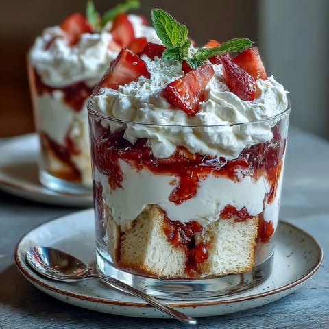 Layered strawberry shortcake trifle with fresh strawberries, vanilla cake, and whipped cream in a clear glass dish.