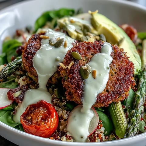 Spring Buddha Bowl with roasted asparagus, radishes, and crispy falafel, drizzled with zesty lemon-tahini dressing.