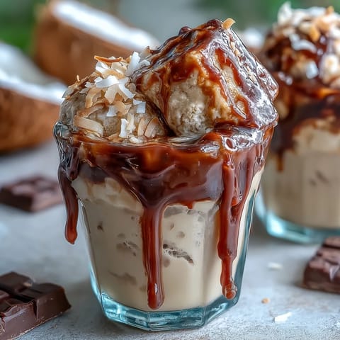 Vanilla bean ice cream floats atop refreshing coconut cold brew coffee.
