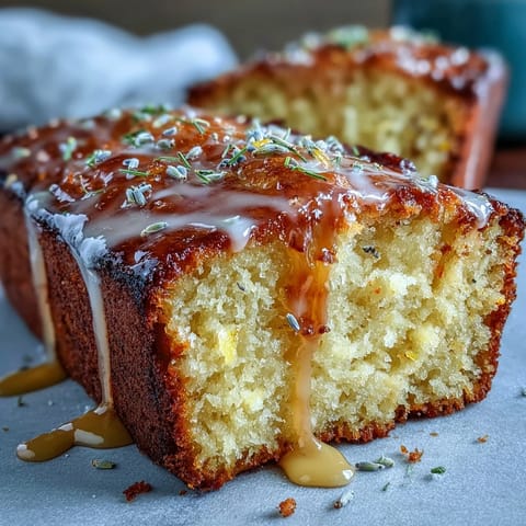 Moist Lemon Lavender Loaf Cake, drizzled with golden honey glaze.