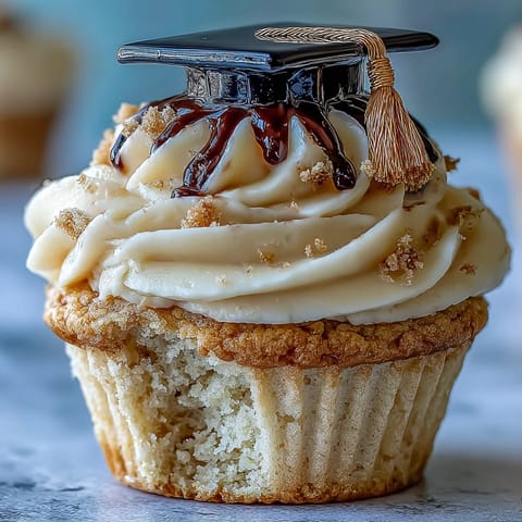 Festive graduation cupcakes crowned with edible black and gold fondant caps.